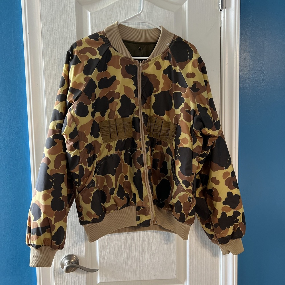 Vintage Duck Hunter Camo Bomber Jacket Full Zip Shell Loops Brown Tan Mens L